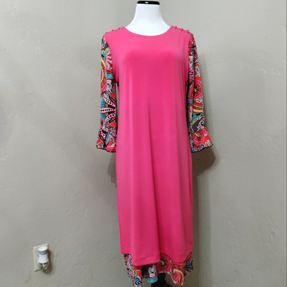 Modestly Customized Pink Paisley Dress with Flared Sleeve by Chico's Size 1 8/10